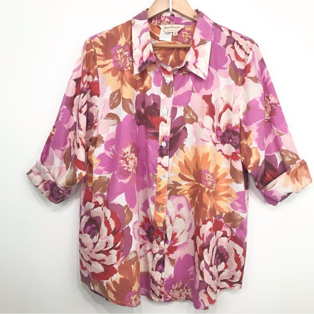 Norm Thompson Pink Orange Floral Long Sleeve Button Up Lightweight Cotton Shirt